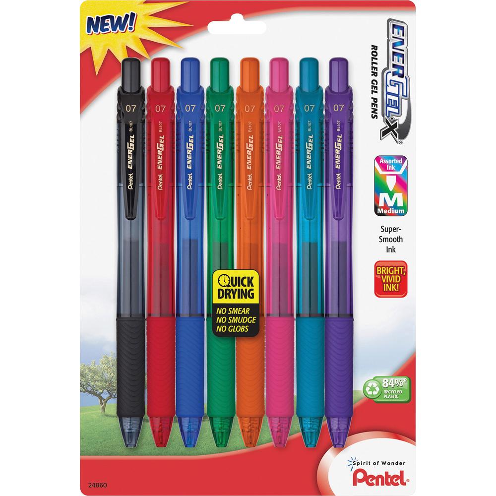 EnerGel EnerGel-X Retractable Gel Pens - Medium Pen Point - 0.7 mm Pen Point Size - Refillable - Retractable - Assorted Gel-based Ink - Assorted Barrel - Metal Tip - 8 / Pack. Picture 1