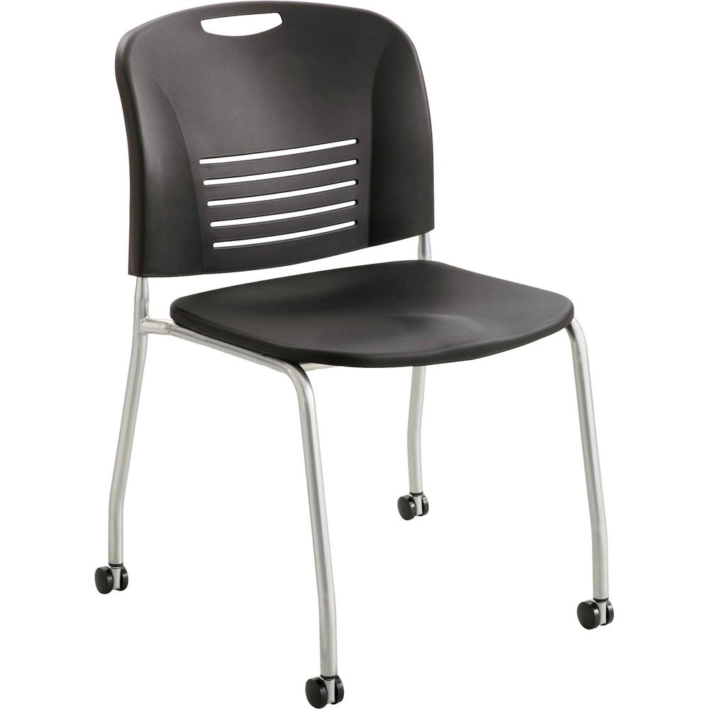 Safco Vy Straight Leg Stack Chairs with Casters - Plastic Seat - Plastic Back - Powder Coated Steel Frame - Four-legged Base - Black - Polypropylene - 2 / Carton. Picture 1