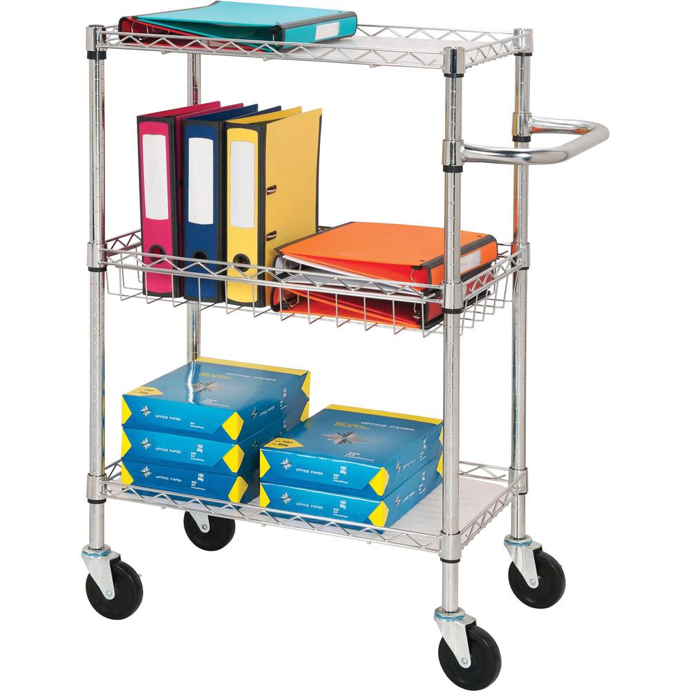 Lorell 3-Tier Rolling Cart - 99 lb Capacity - 4 Casters - Steel - x 16" Width x 26" Depth x 40" Height - Chrome - 1 Each. Picture 1