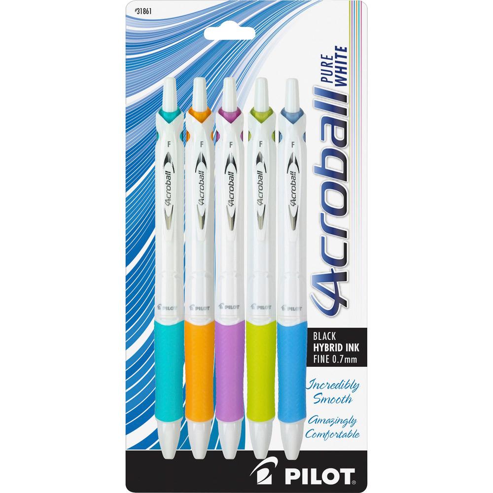 Pilot Acroball .7mm Retractable Pens - Fine Pen Point - 0.7 mm Pen Point Size - Refillable - Retractable - Black Advanced Ink Ink - White Barrel - Tungsten Carbide Tip - 5 / Pack. Picture 1