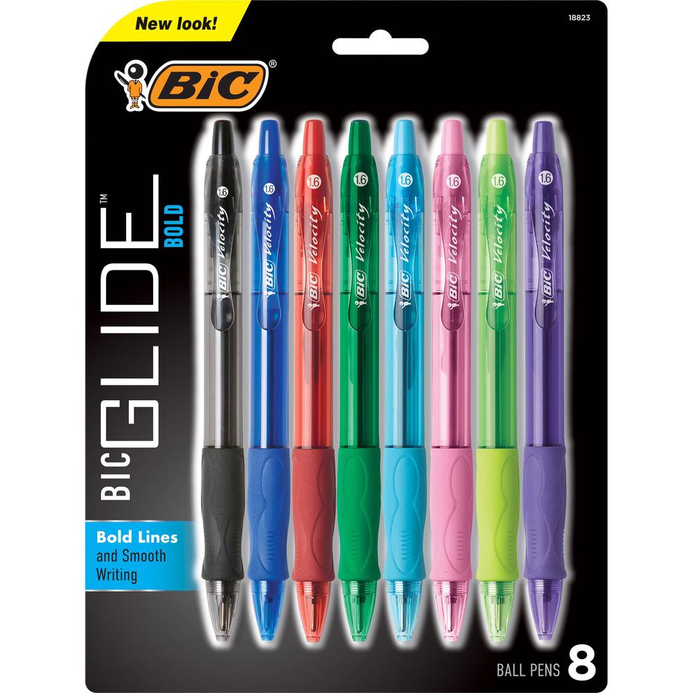 BIC Glide Bold - Bold Pen Point - 1.6 mm Pen Point Size - Refillable - Retractable - Black, Red, Green, Turquoise, Lime Green, Pink, Purple, Blue - 8 / Set. The main picture.