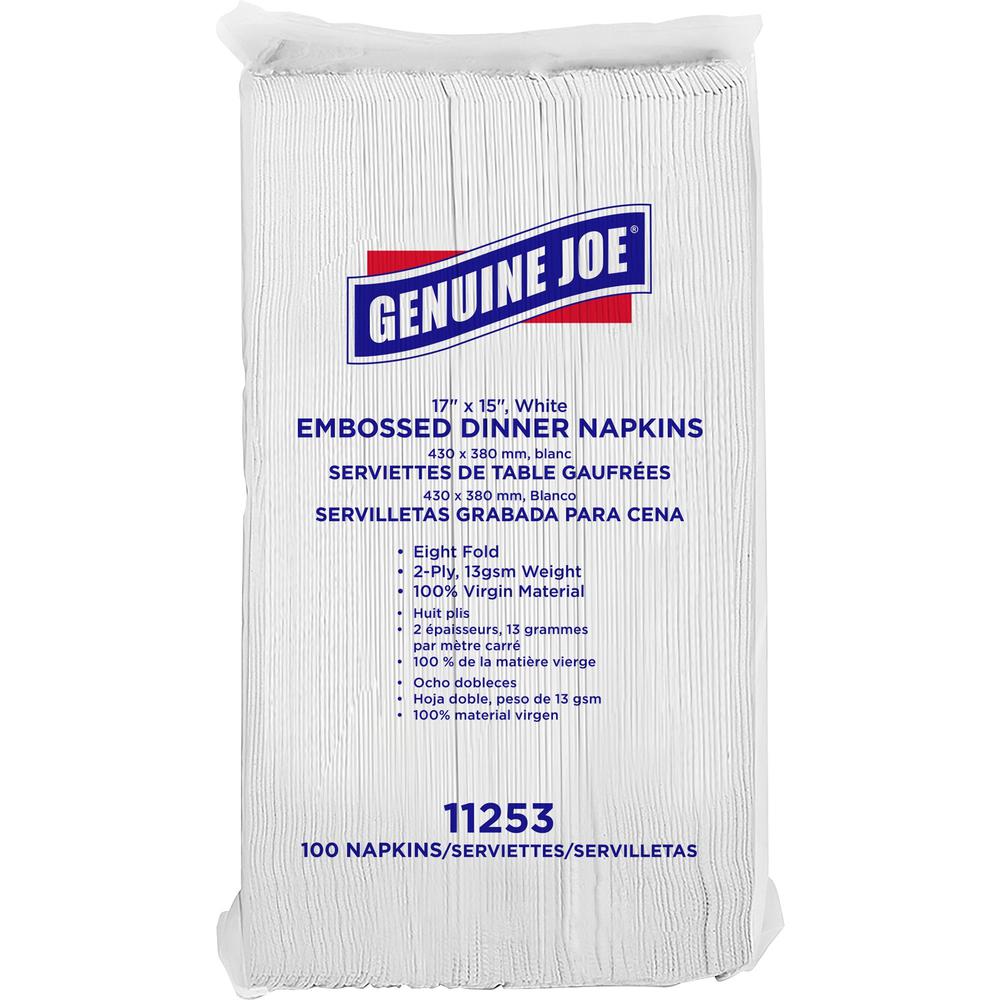 Genuine Joe Embossed Dinner Napkins - 2 Ply - 17" x 15" - White - Soft, Foldable, Versatile - For Dinner - 100 Per Pack - 3000 / Carton. Picture 1