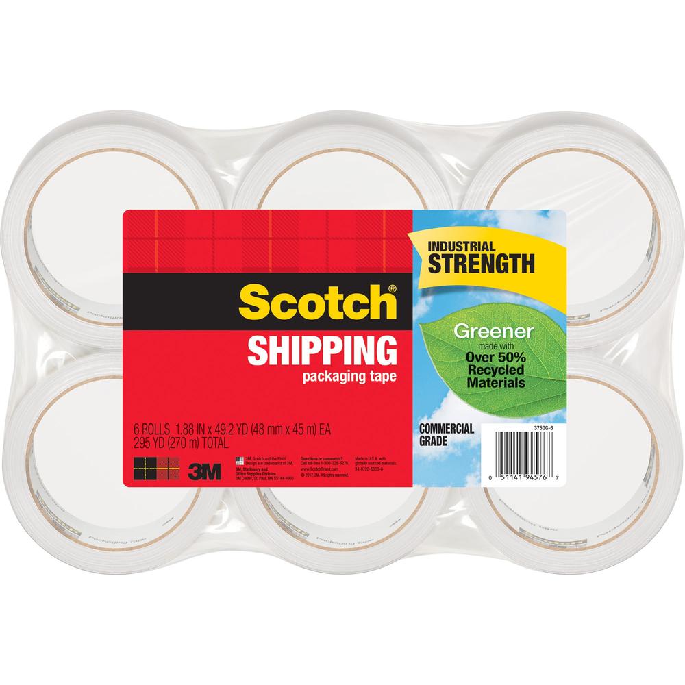 Scotch Greener Commercial-Grade Shipping/Packaging Tape - 54.60 yd Length x 1.88" Width - 3.1 mil Thickness - 3" Core - Synthetic Rubber Resin - Split Resistant - For Packing, Sealing - 6 / Pack - Cle. Picture 1
