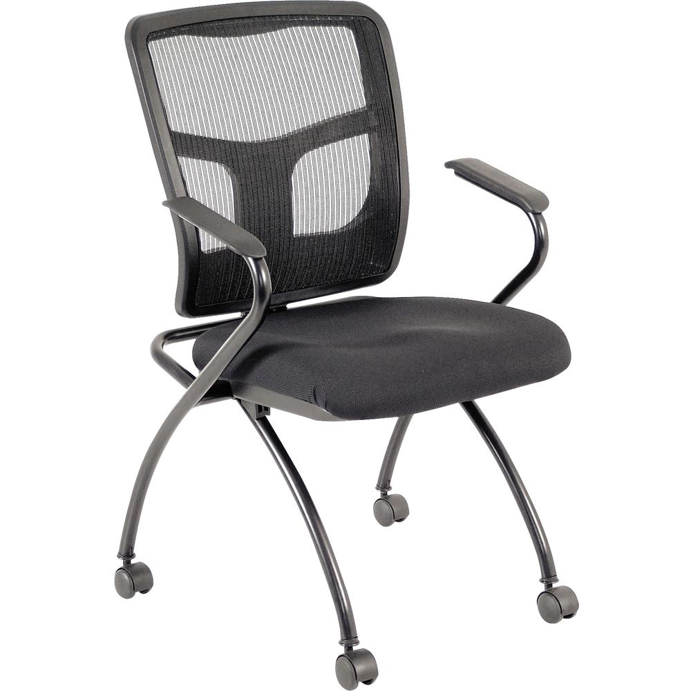 Lorell Mesh Back Fabric Seat Nesting Chairs - 2/CT - Fabric Seat - Powder Coated Metal Frame - Four-legged Base - Black - Mesh - 2 / Carton. Picture 1