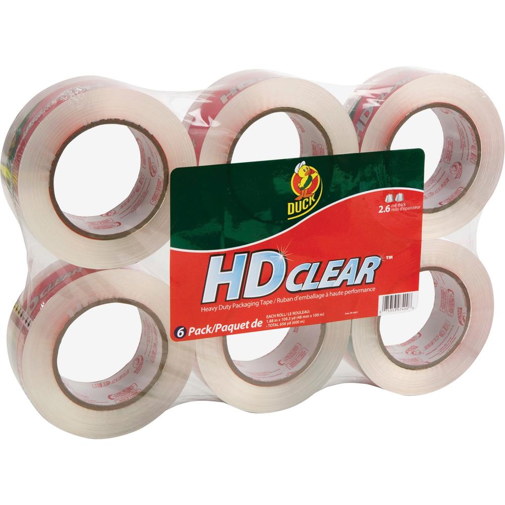 Duck Brand HD Clear Packing Tape - 109.30 yd Length x 1.88" Width - 2.6 mil Thickness - Temperature Resistant, UV Resistant, Fade Resistant - For Sealing, Packing - 6 / Pack - Clear. Picture 1