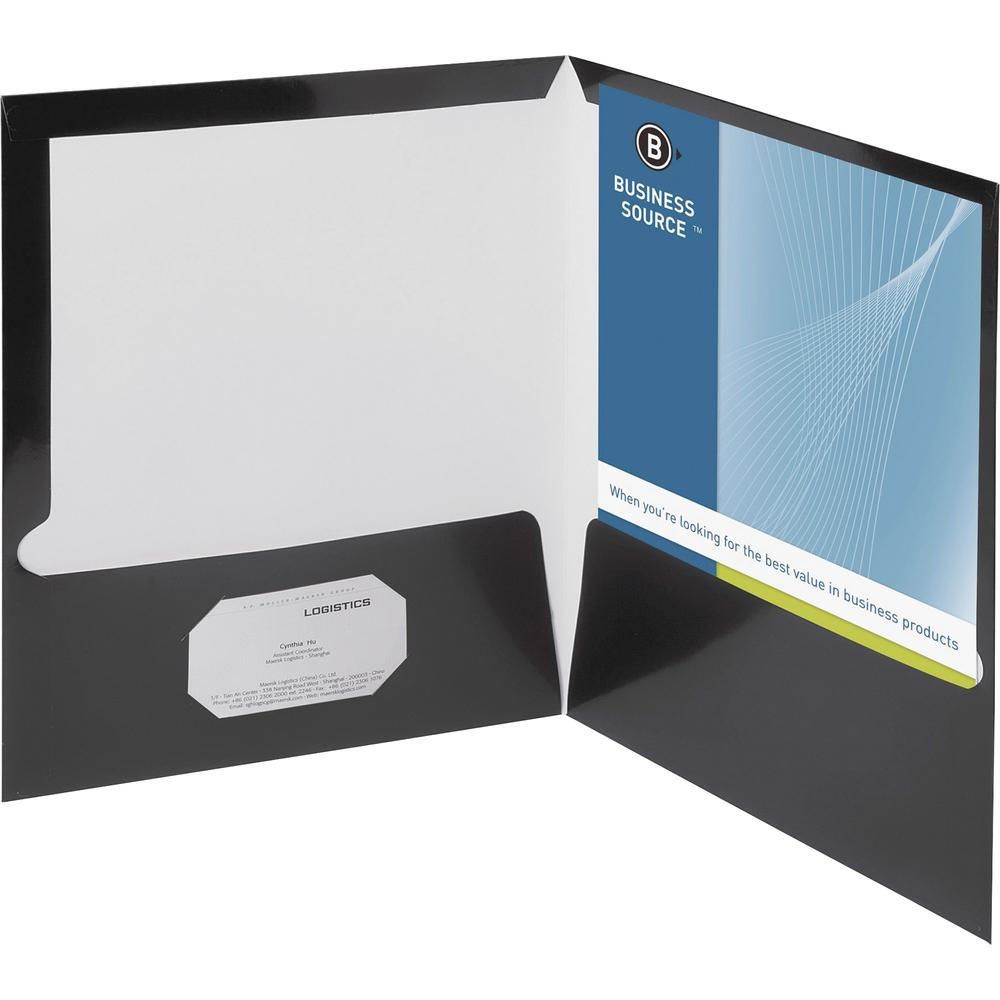 Business Source Letter Pocket Folder - 8 1/2" x 11" - 100 Sheet Capacity - 2 Internal Pocket(s) - Black - 25 / Box. Picture 1