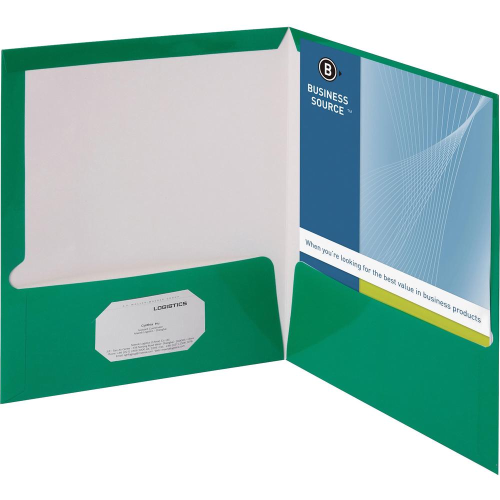 Business Source Letter Pocket Folder - 8 1/2" x 11" - 100 Sheet Capacity - 2 Internal Pocket(s) - Card Paper - Green - 25 / Box. The main picture.