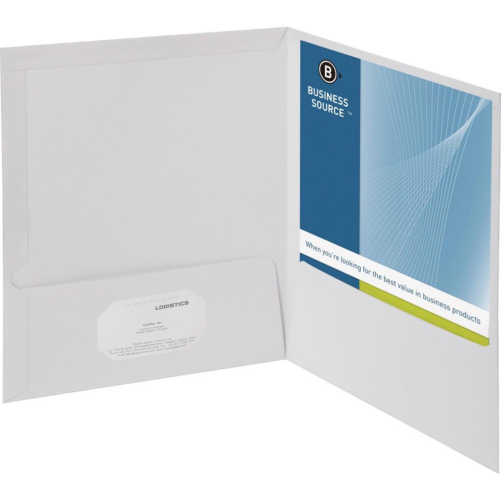 Business Source Letter Pocket Folder - 8 1/2" x 11" - 100 Sheet Capacity - 2 Internal Pocket(s) - White - 25 / Box. The main picture.