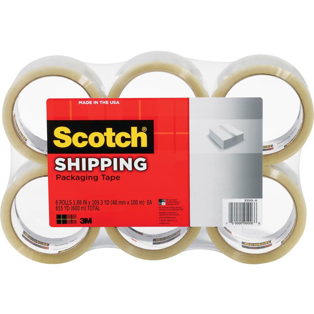 Scotch Lightweight Shipping/Packaging Tape - 109 yd Length x 1.88" Width - 2.2 mil Thickness - 3" Core - Synthetic Rubber Resin Backing - For Sealing, Packing - 6 / Pack - Clear. Picture 1
