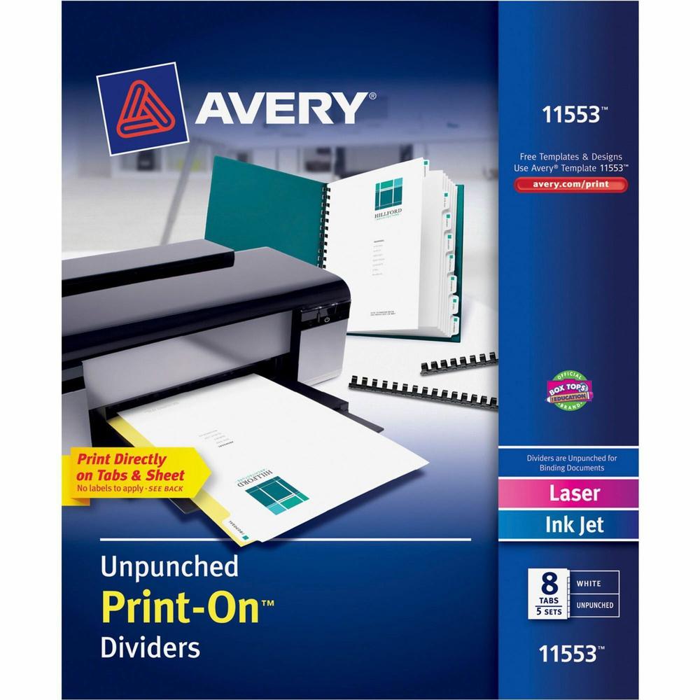Avery&reg; Unpunched Print-On Dividers - 40 x Divider(s) - Print-on Tab(s) - 8 - 8 Tab(s)/Set - 8.5" Divider Width x 11" Divider Length - White Paper Divider - White Paper Tab(s) - Recycled - 5 / Box. Picture 1