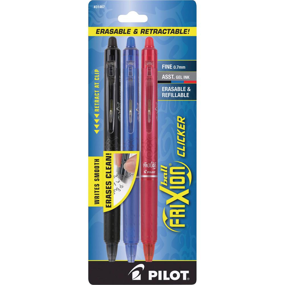 Pilot FriXion .7mm Clicker Erasable Gel Pens - Fine Pen Point - 0.7 mm Pen Point Size - Retractable - Assorted Gel-based Ink - Assorted Barrel - 3 / Pack. Picture 1