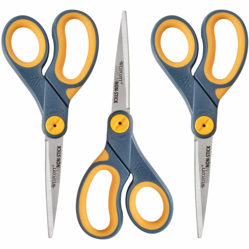 Westcott 8" Titanium Nonstick Straight Scissors - 3.25" Cutting Length - 8" Overall Length - Straight-left/right - Titanium - Pointed Tip - Yellow - 3 / Pack. Picture 1