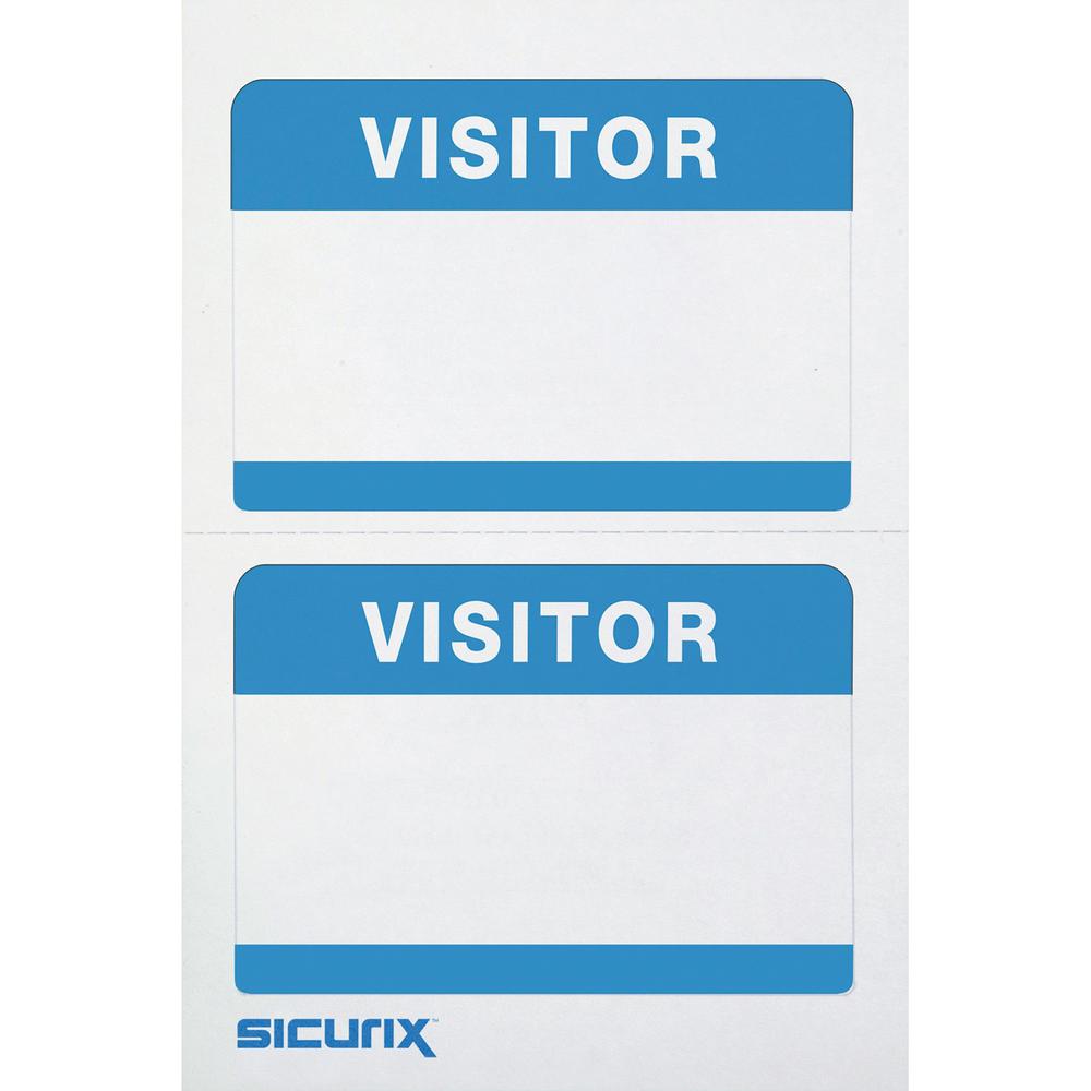 SICURIX Self-adhesive Visitor Badge - 3 1/2" x 2 1/4" Length - Removable Adhesive - Rectangle - White, Blue - 100 / Box. The main picture.