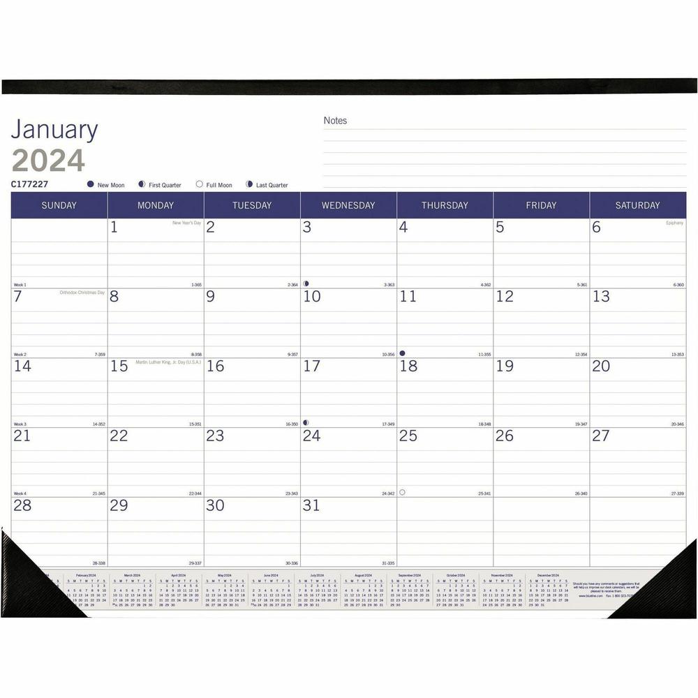Blueline DuraGlobe Monthly Desk Pad Calendar - Julian Dates - Monthly - 12 Month - January 2024 - December 2024 - 1 Month Single Page Layout - 17" x 22" Sheet Size - Desk Pad - Chipboard, Paper - Refe. Picture 1