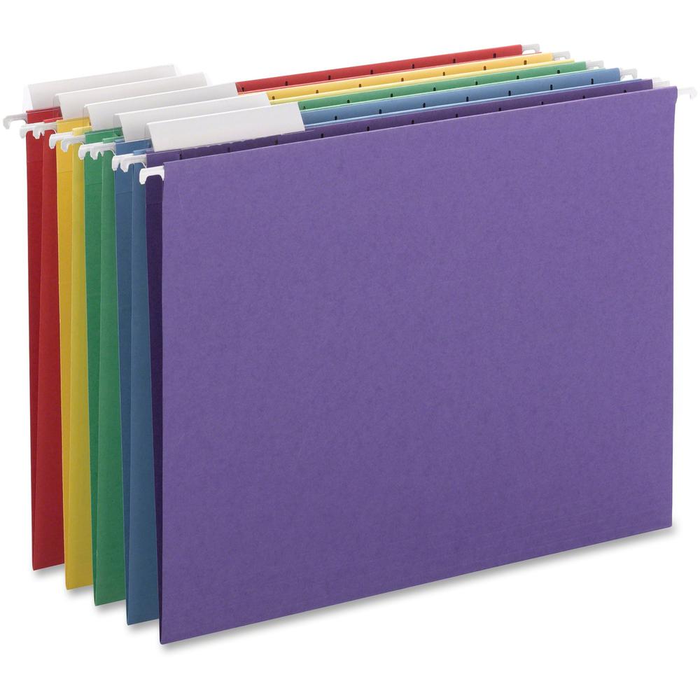 Smead 1/3 Tab Cut Letter Recycled Hanging Folder - 8 1/2" x 11" - Top Tab Location - Assorted Position Tab Position - Poly - Blue, Green, Purple, Red, Yellow - 10% Paper Recycled - 25 / Box. Picture 1
