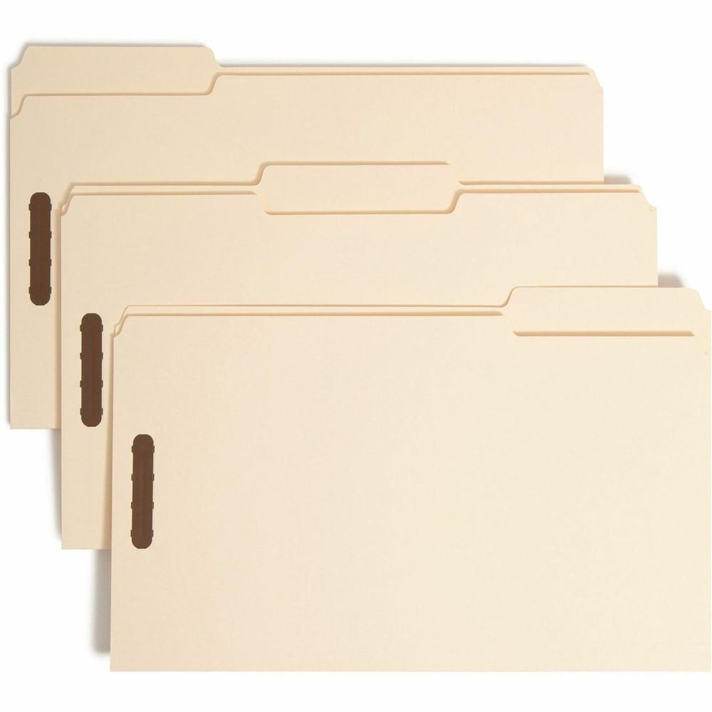 Smead 1/3 Tab Cut Legal Recycled Fastener Folder - 8 1/2" x 14" - 2 x 2K Fastener(s) - Top Tab Location - Assorted Position Tab Position - Manila - 10% Paper Recycled - 50 / Box. Picture 1