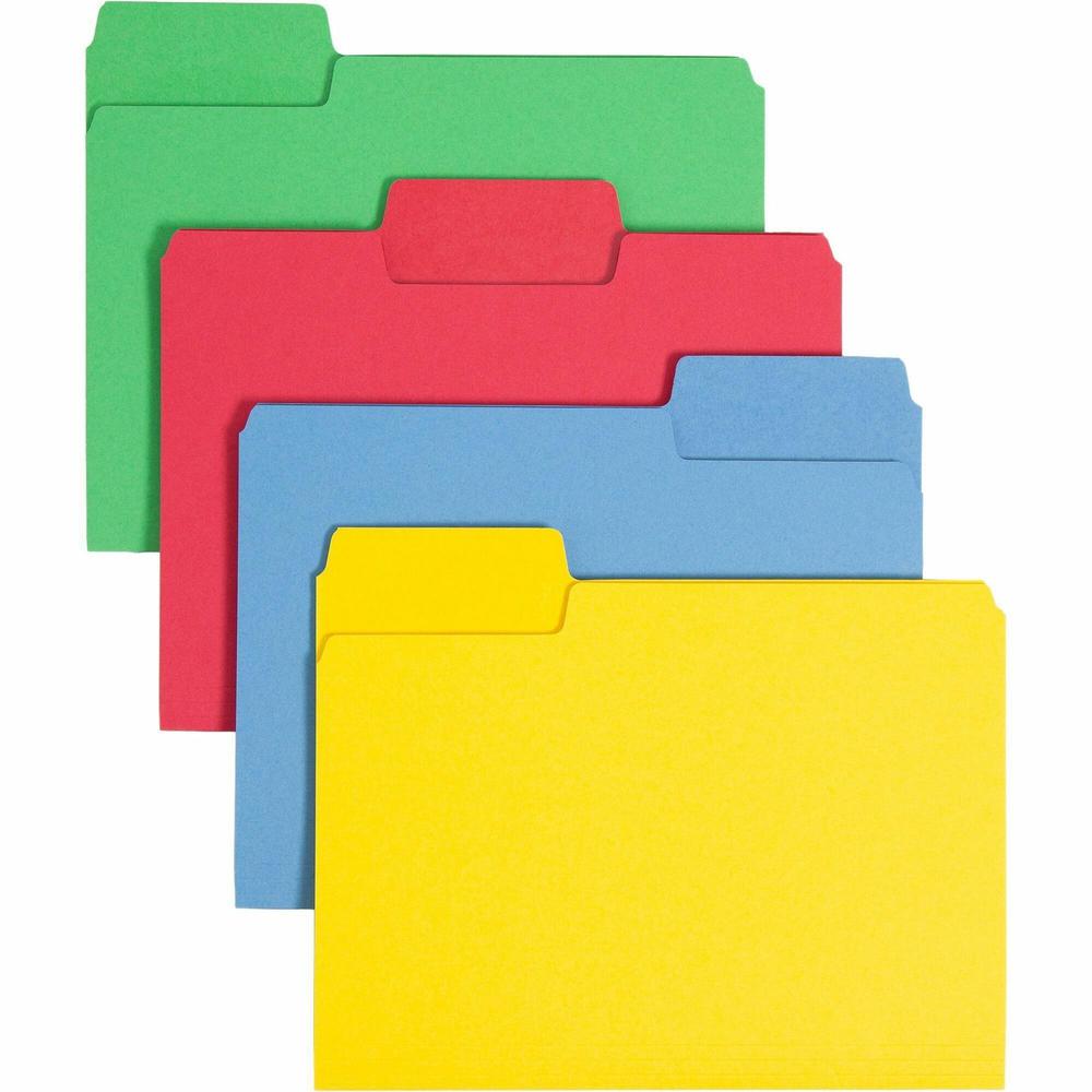 Smead SuperTab 1/3 Tab Cut Letter Recycled Top Tab File Folder - 8 1/2" x 11" - Top Tab Location - Assorted Position Tab Position - Blue, Red, Green, Yellow - 10% Paper Recycled - 24 / Pack. Picture 1
