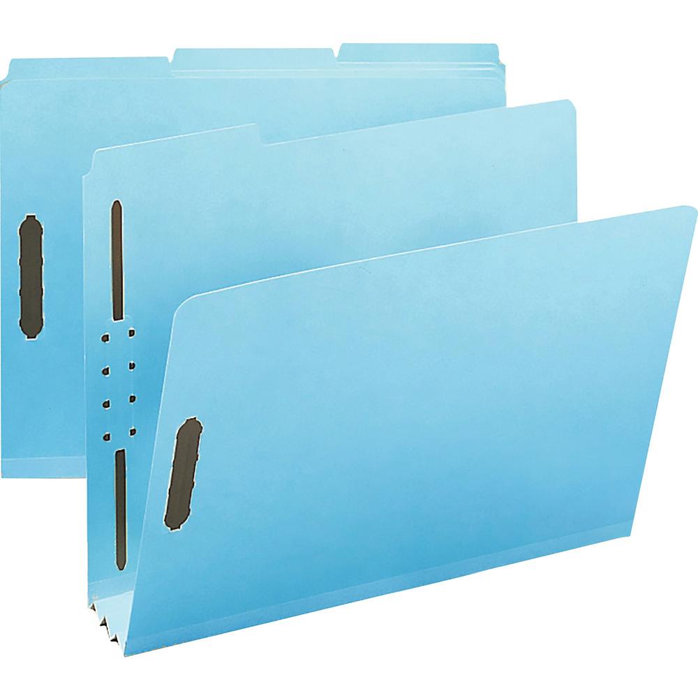 Smead 1/3 Tab Cut Letter Recycled Fastener Folder - 8 1/2" x 11" - 350 Sheet Capacity - 3" Expansion - 2 x 2K Fastener(s) - Assorted Position Tab Position - Pressboard - Blue - 100% Recycled - 25 / Bo. Picture 1