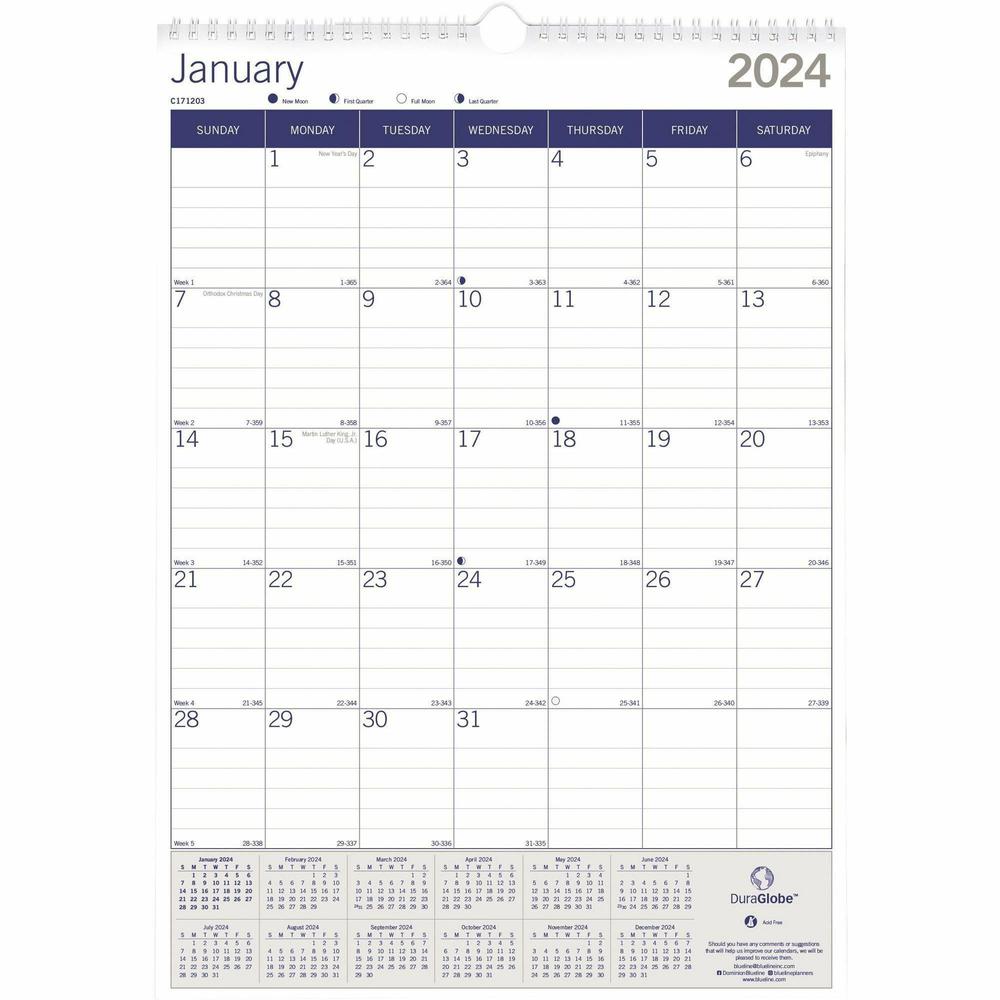 Blueline EcoLogix Wall Calendar - Monthly - 12 Month - January 2024 - December 2024 - 1 Month Single Page Layout - 12" x 17" Sheet Size - White, Brown, Green - Chipboard - Reinforced, Eco-friendly, Re. Picture 1