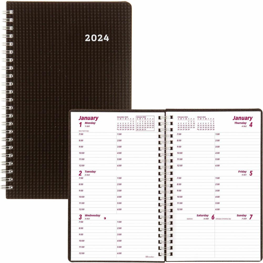 Brownline DuraFlex Weekly Appointment Book - Julian Dates - Weekly - 12 Month - January 2024 - December 2024 - 7:00 AM to 6:00 PM - Hourly - 1 Week Double Page Layout - 5" x 8" Sheet Size - Twin Wire . Picture 1