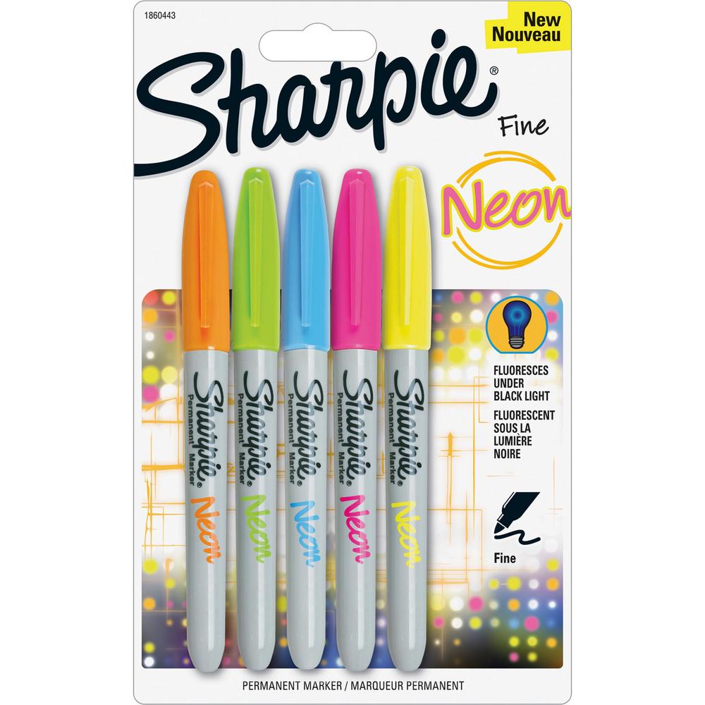 Sharpie Fine Neon Permanent Markers - Fine Marker Point - Neon Yellow, Neon Pink, Neon Orange, Neon Green, Neon Blue - 5 / Set. Picture 1