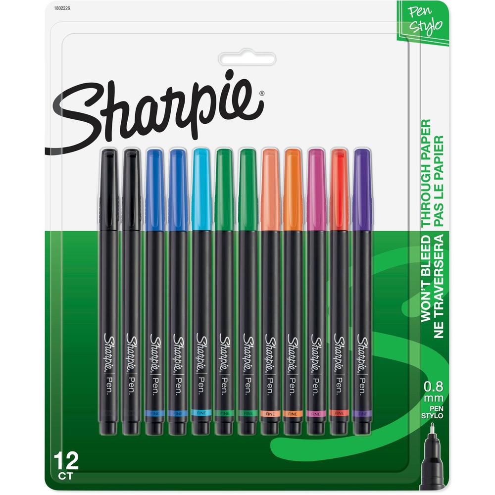 Sharpie Pen - Fine Point - Fine Pen Point - Black, Blue, Turquoise, Green, Clover, Orange, Hot Pink, Red, Purple, Coral - Black Barrel - 12 / Pack. Picture 1