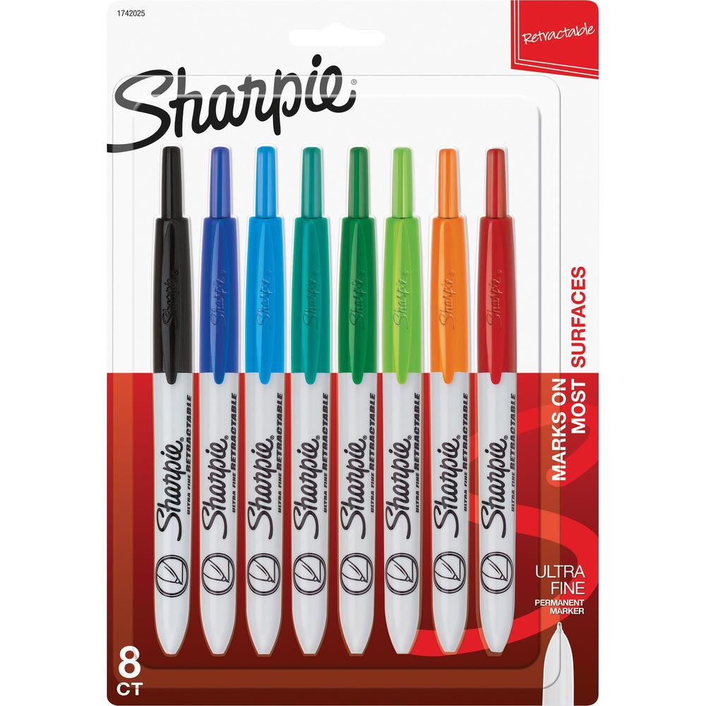 Sharpie Retractable Ultra Fine Point Permanent Marker - Ultra Fine Marker Point - Retractable - Aqua, Black, Blue, Green, Lime, Red, Tangerine, Turquoise - 8 / Set. The main picture.