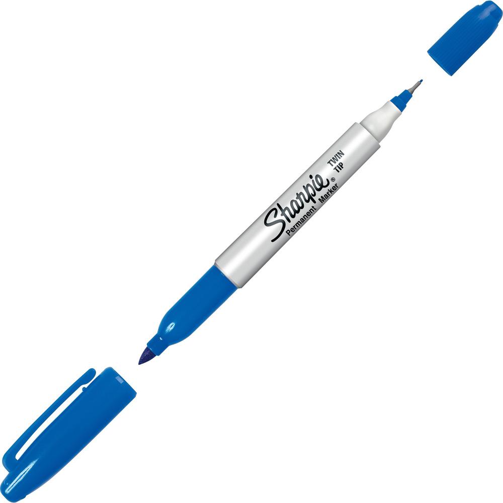 Sharpie Twin Tip Permanent Marker - Fine, Ultra Fine Marker Point - Blue Alcohol Based Ink - 12 / Dozen. Picture 1