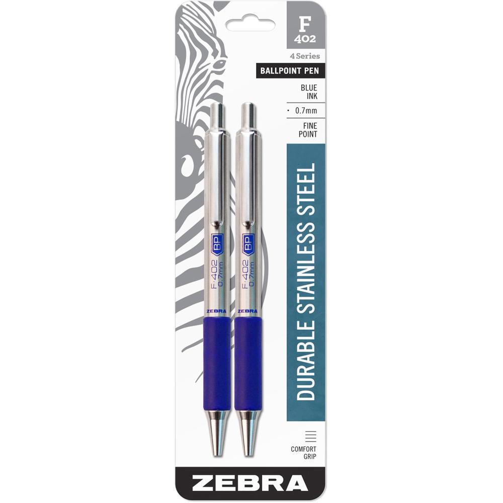 Zebra STEEL 4 Series F-402 Retractable Ballpoint Pen - Fine Pen Point - 0.7 mm Pen Point Size - Refillable - Retractable - Blue - Stainless Steel Barrel - 2 / Pack. Picture 1