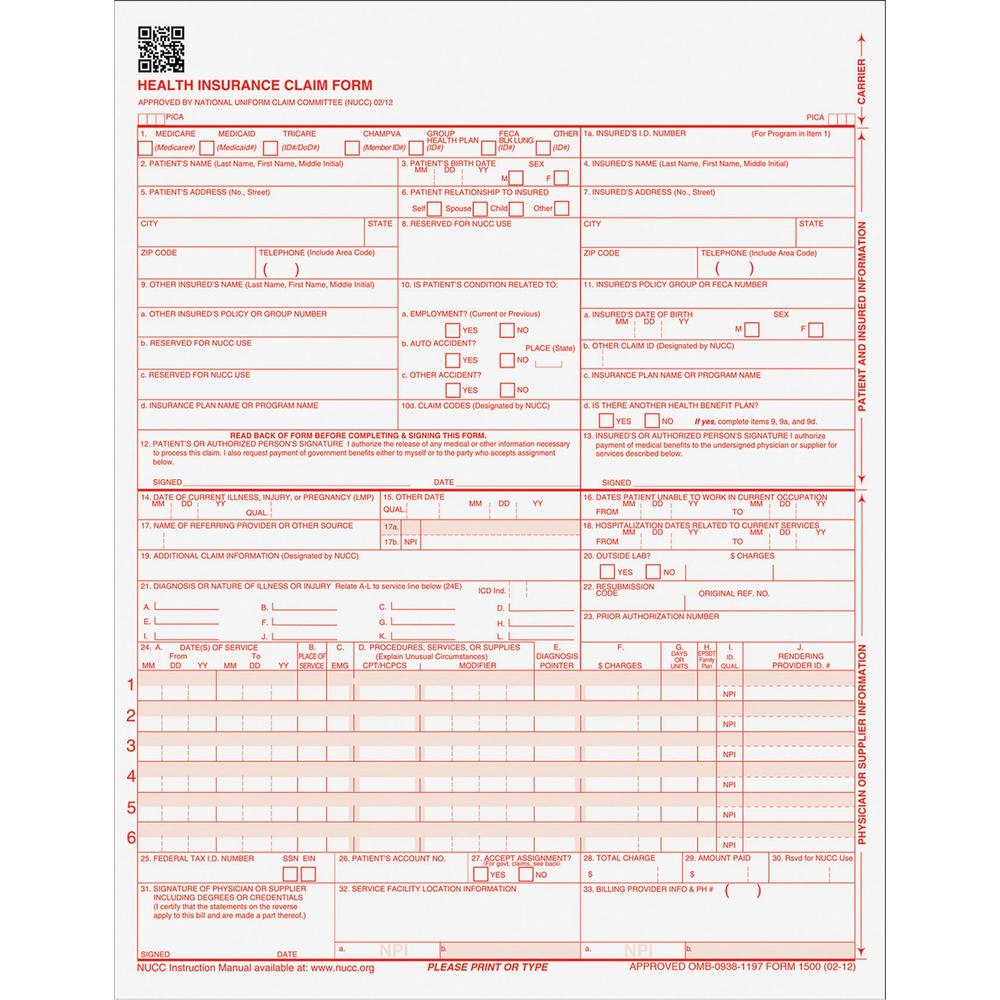 TOPS CMS-1500 Laser Printer Forms - 20 lb - 1 Part - 8.50" x 11" Form Size - White - Red Print Color - Paper - 500 / Pack. Picture 1