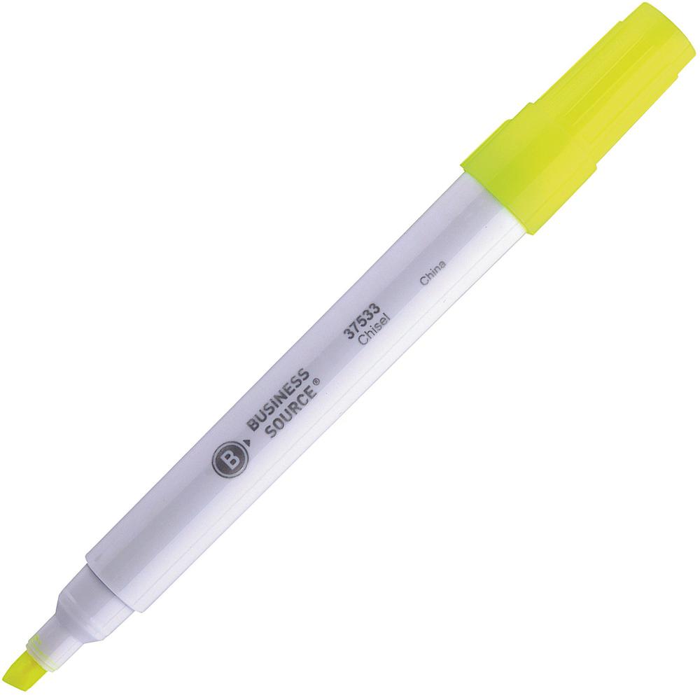 Business Source Chisel Tip Yellow Value Highlighter - Chisel Marker Point Style - Yellow - White Barrel - 1 Dozen. Picture 1