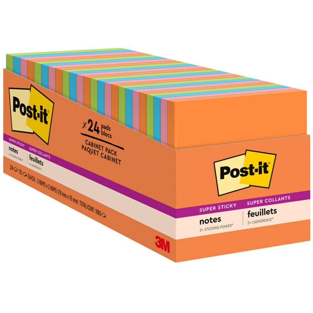 Post-it&reg; Super Sticky Notes Cabinet Pack - Energy Boost Color Collection - 1680 - 3" x 3" - Square - 70 Sheets per Pad - Unruled - Vital Orange, Tropical Pink, Sunnyside, Blue Paradise, Limeade - . The main picture.