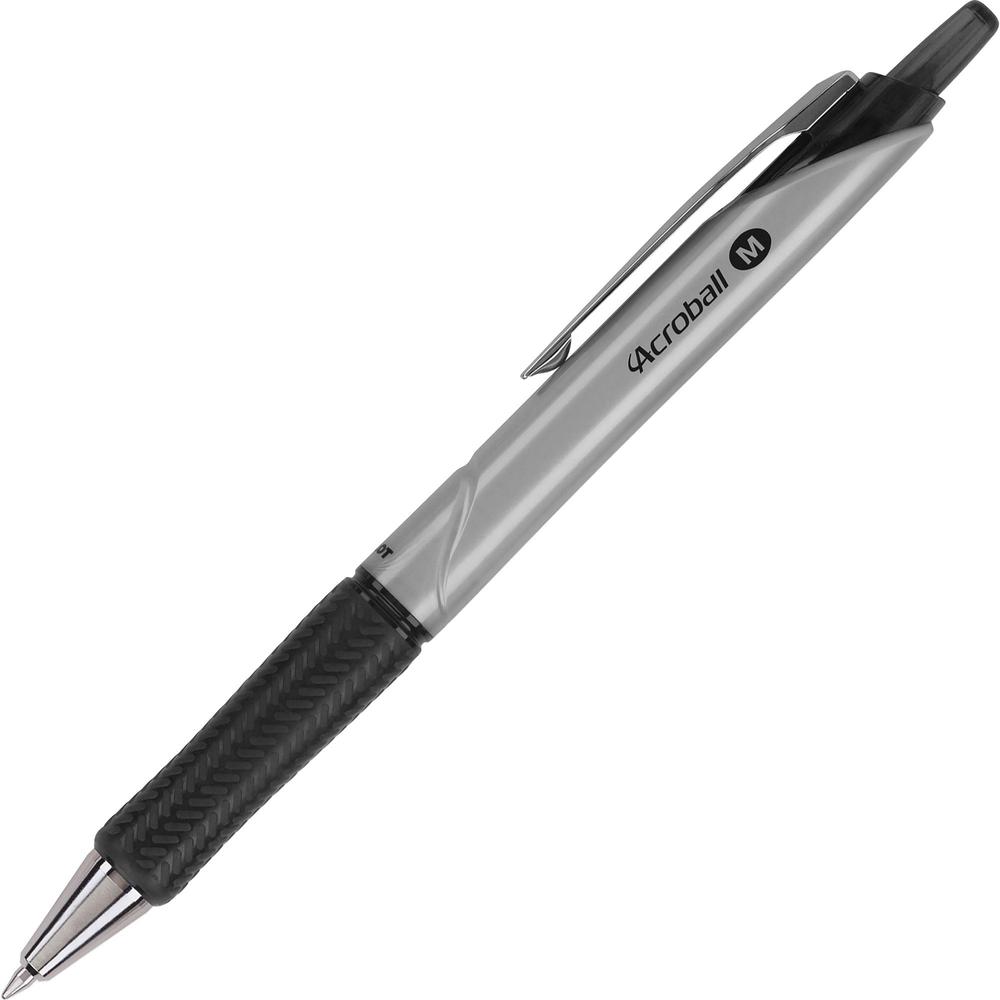 Pilot Acroball Pro Hybrid Ink Ballpoint Pen - Medium Pen Point - 1 mm Pen Point Size - Refillable - Retractable - Black Advanced Ink Ink - Silver Barrel - Tungsten Carbide Tip - 1 Dozen. Picture 1