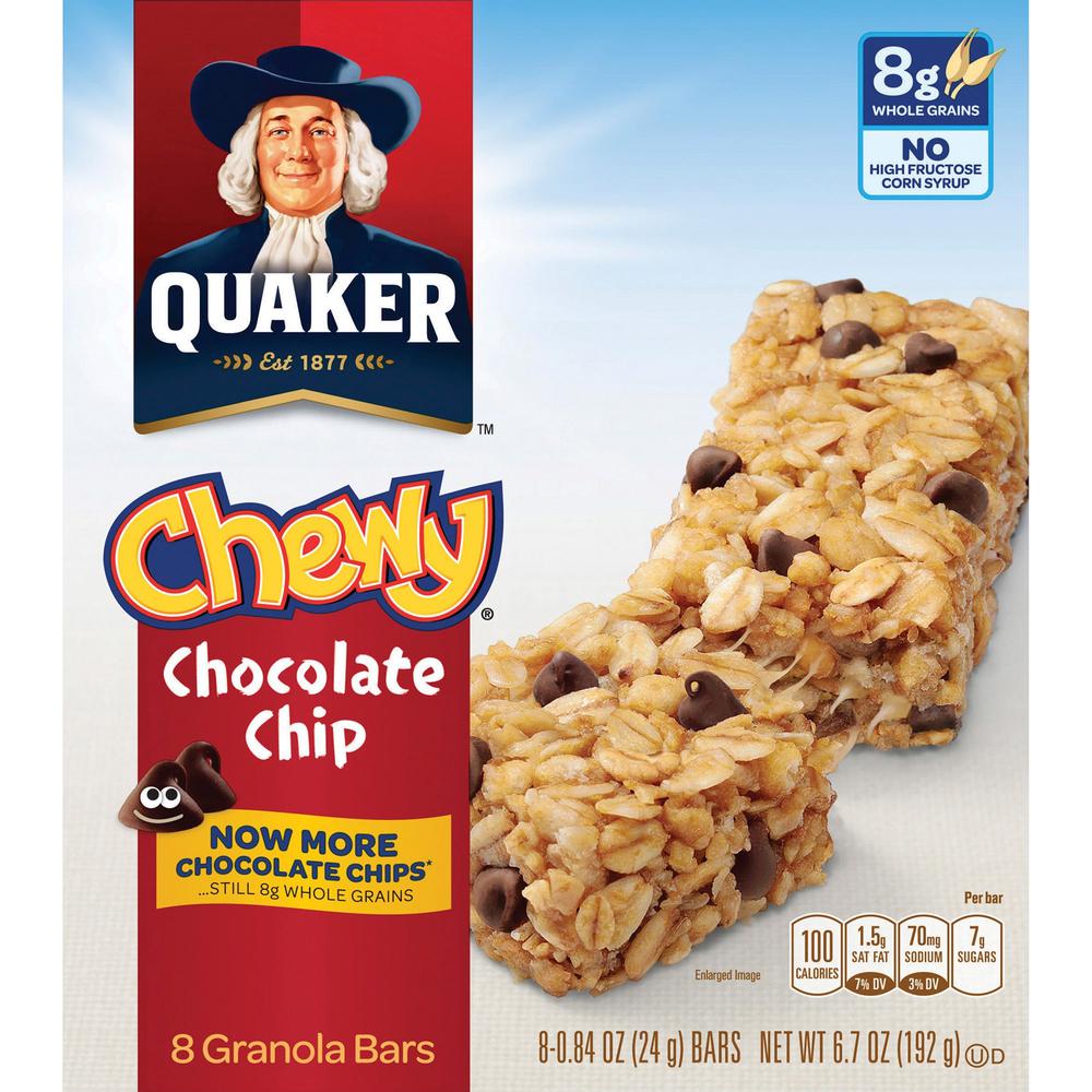Quaker Oats Chocolate Chip Chewy Granola Bars - Individually Wrapped - Chocolate Chip - 6.70 oz - 8 / Box. Picture 1