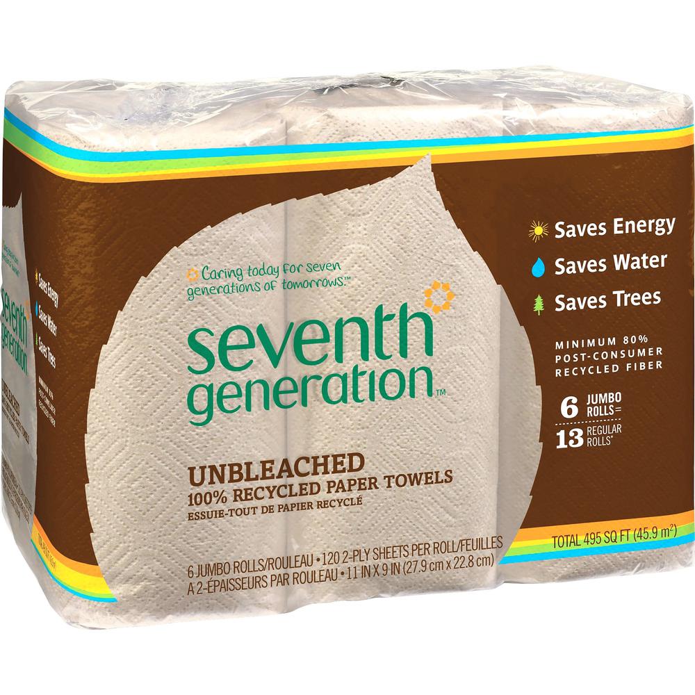 Seventh Generation 100% Recycled Paper Towels - 2 Ply - 11" x 9" - 120 Sheets/Roll - Natural - Paper - Unbleached, Chlorine-free, Fragrance-free, Dye-free, Ink-free, Absorbent - For Kitchen, Household. Picture 1