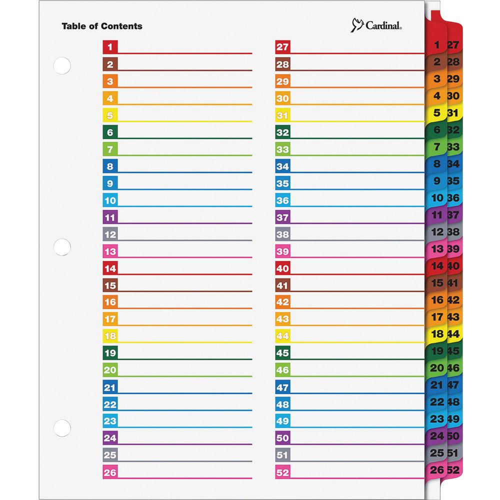 Cardinal OneStep Printable Dividers - 52 Print-on Tab(s) - 52 Tab(s)/Set - 8.5" Divider Width x 11" Divider Length - Letter - 3 Hole Punched - Multicolor Divider - Multicolor Tab(s) - Reinforced Edges. Picture 1