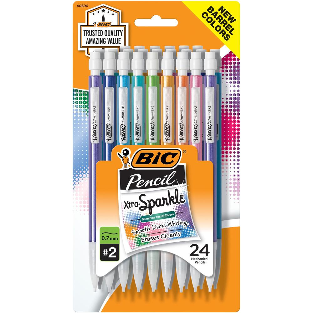 BIC Xtra Sparkle Mechanical Pencils - #2 Lead - 0.7 mm Lead Diameter - Refillable - Black Lead - Blue Plastic, Green, Orange, Purple, Red Barrel - 24 / Pack. The main picture.