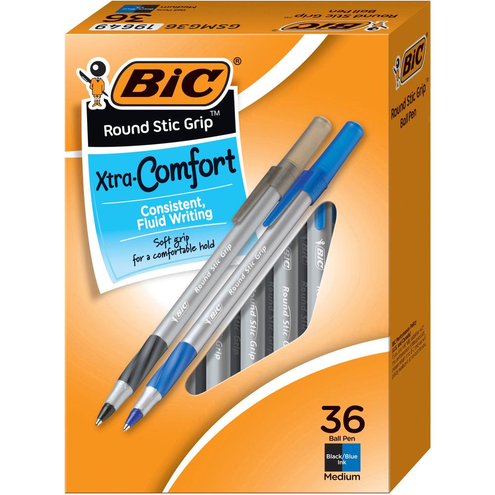 BIC Round Stic Grip Xtra-Comfort Medium Ball Point Pen, Assorted, 36 Pack - Medium Pen Point - 1.2 mm Pen Point Size - Assorted - 36 Pack. Picture 1