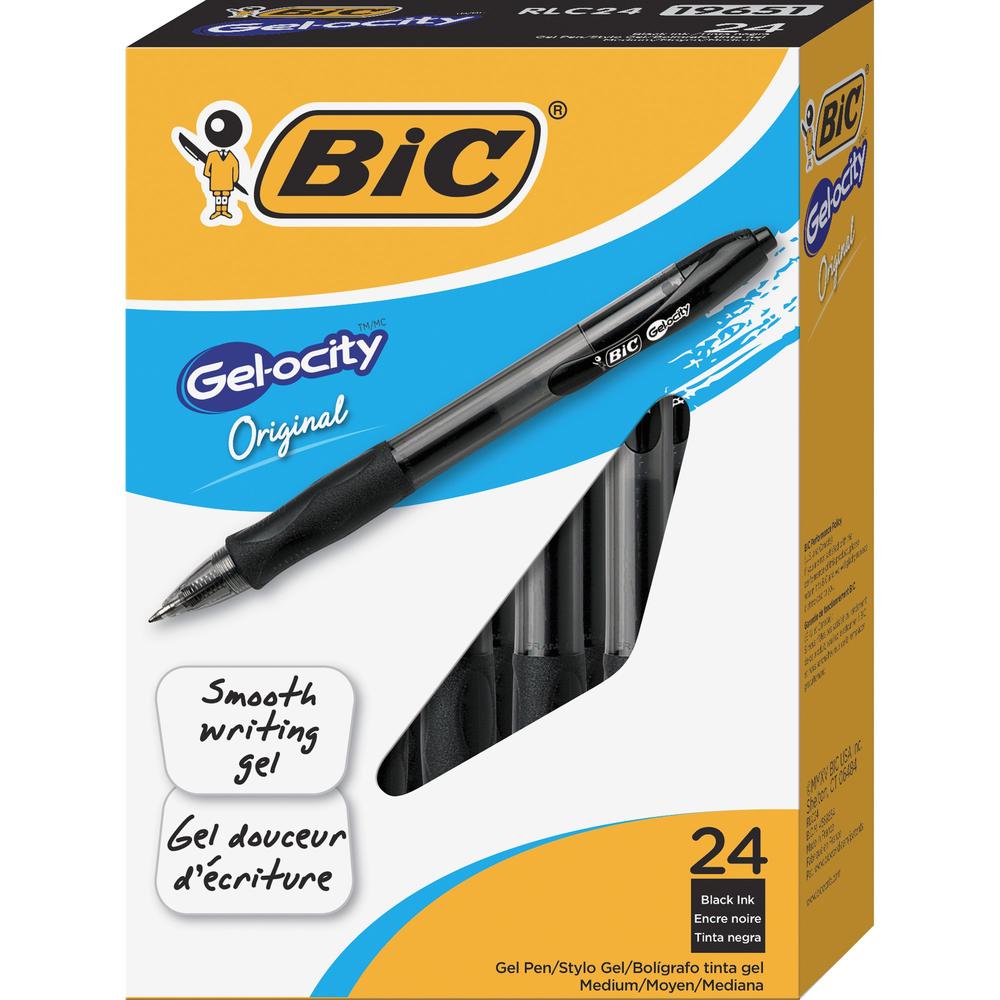 BIC Gel Retractable Pens - Medium Pen Point - 0.7 mm Pen Point Size - Retractable - Black Gel-based Ink - Tinted, Clear Barrel - 24 / Box. Picture 1