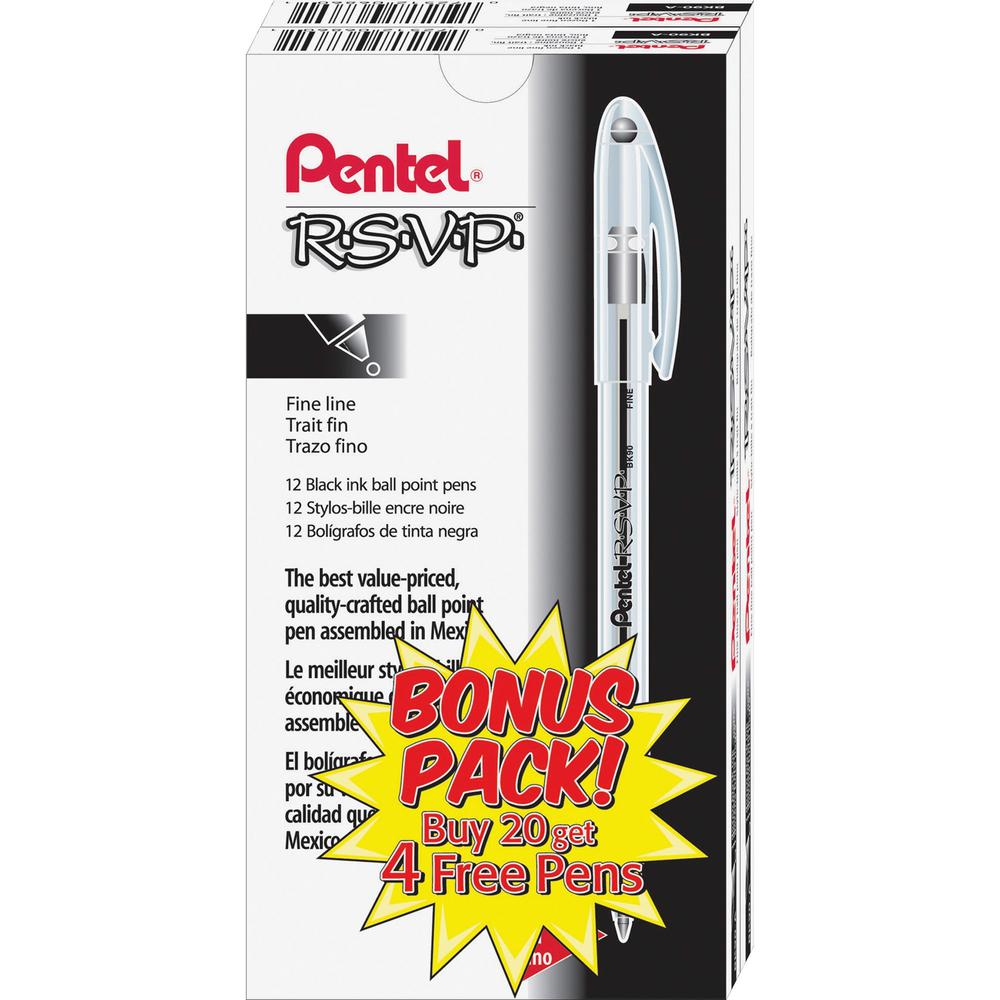 Pentel R.S.V.P. Ballpoint Stick Pens - Fine Pen Point - Refillable - Black - Clear Barrel - Stainless Steel Tip - 24 / Pack. Picture 1