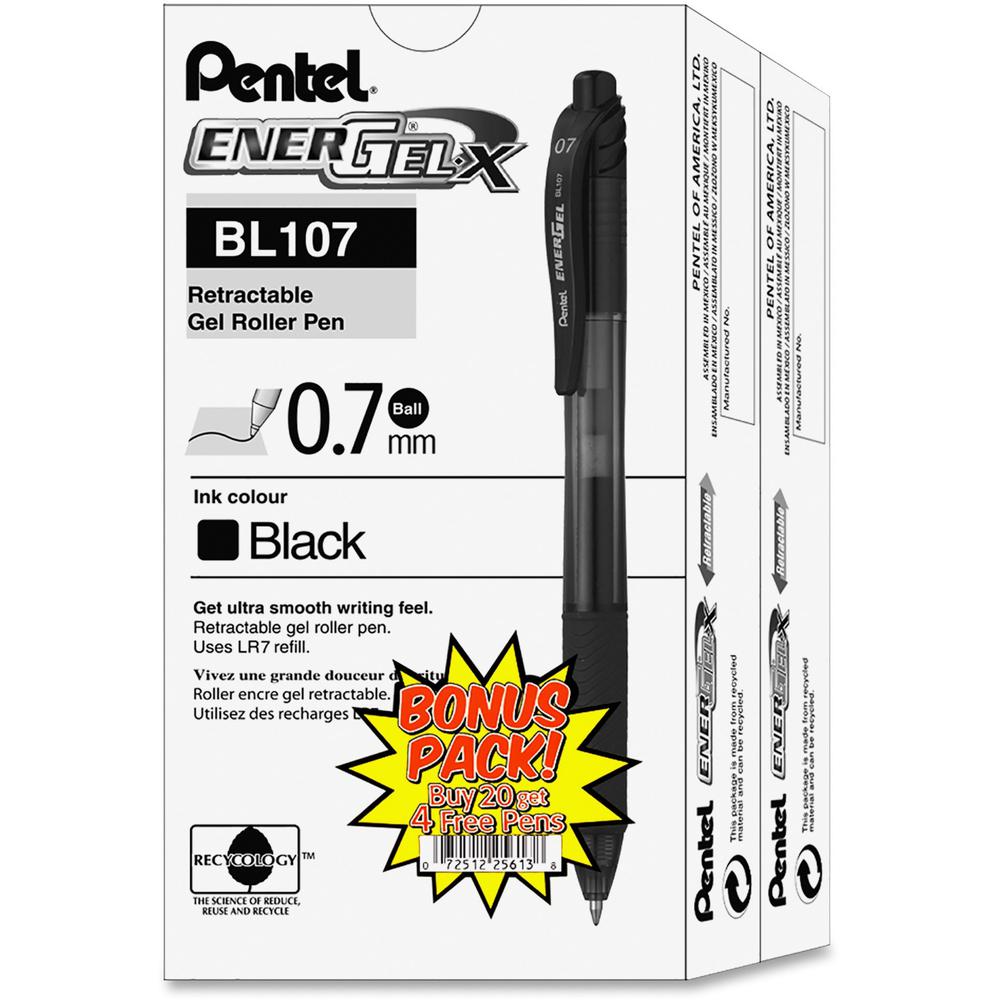 Pentel EnerGel-X Retractable Gel Pens - Medium Pen Point - 0.7 mm Pen Point Size - Refillable - Retractable - Black Gel-based Ink - Black Barrel - Metal Tip - 24 / Pack. The main picture.