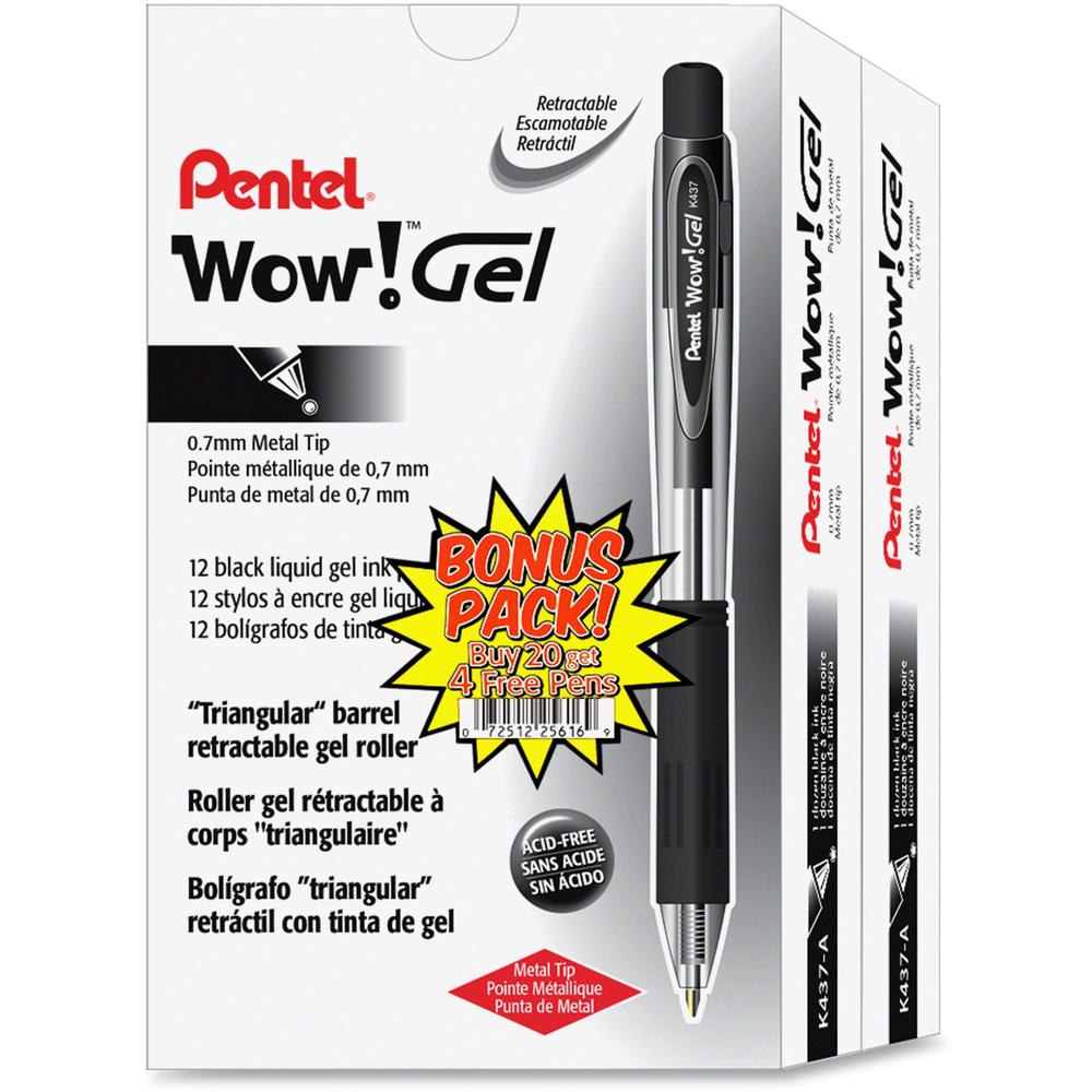 Pentel Wow! Gel Pens - Medium Pen Point - Retractable - Black Gel-based Ink - Transparent Black Barrel - 24 / Pack. Picture 1