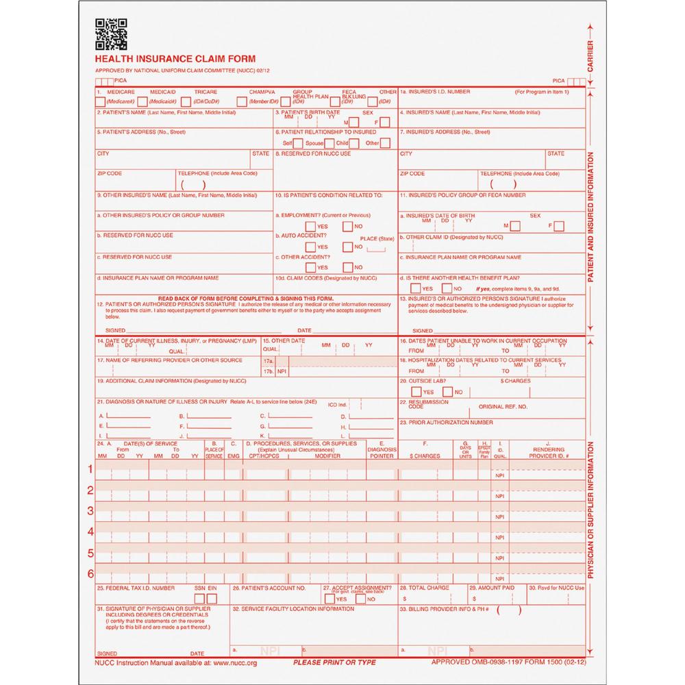 TOPS CMS-15000 Health Insurance Claim Forms - 20 lb - 11" x 8.50" Sheet Size - White Sheet(s) - Red Print Color - 250 / Pack. The main picture.