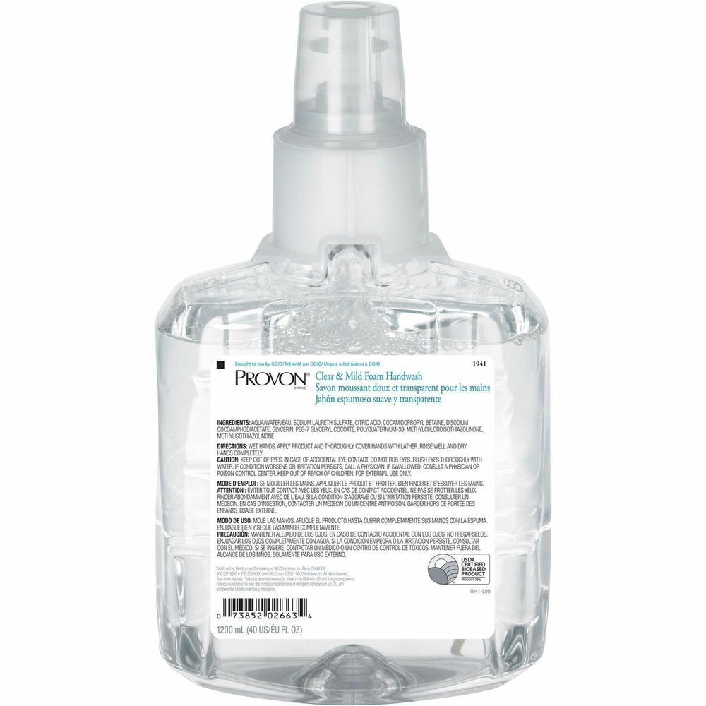 Provon LTX-12 Refill Clear & Mild Foam Handwash - 40.6 fl oz (1200 mL) - Pump Bottle Dispenser - Kill Germs - Skin, Hand - Moisturizing - Clear - Rich Lather, Fragrance-free, Dye-free - 1 Each. Picture 1
