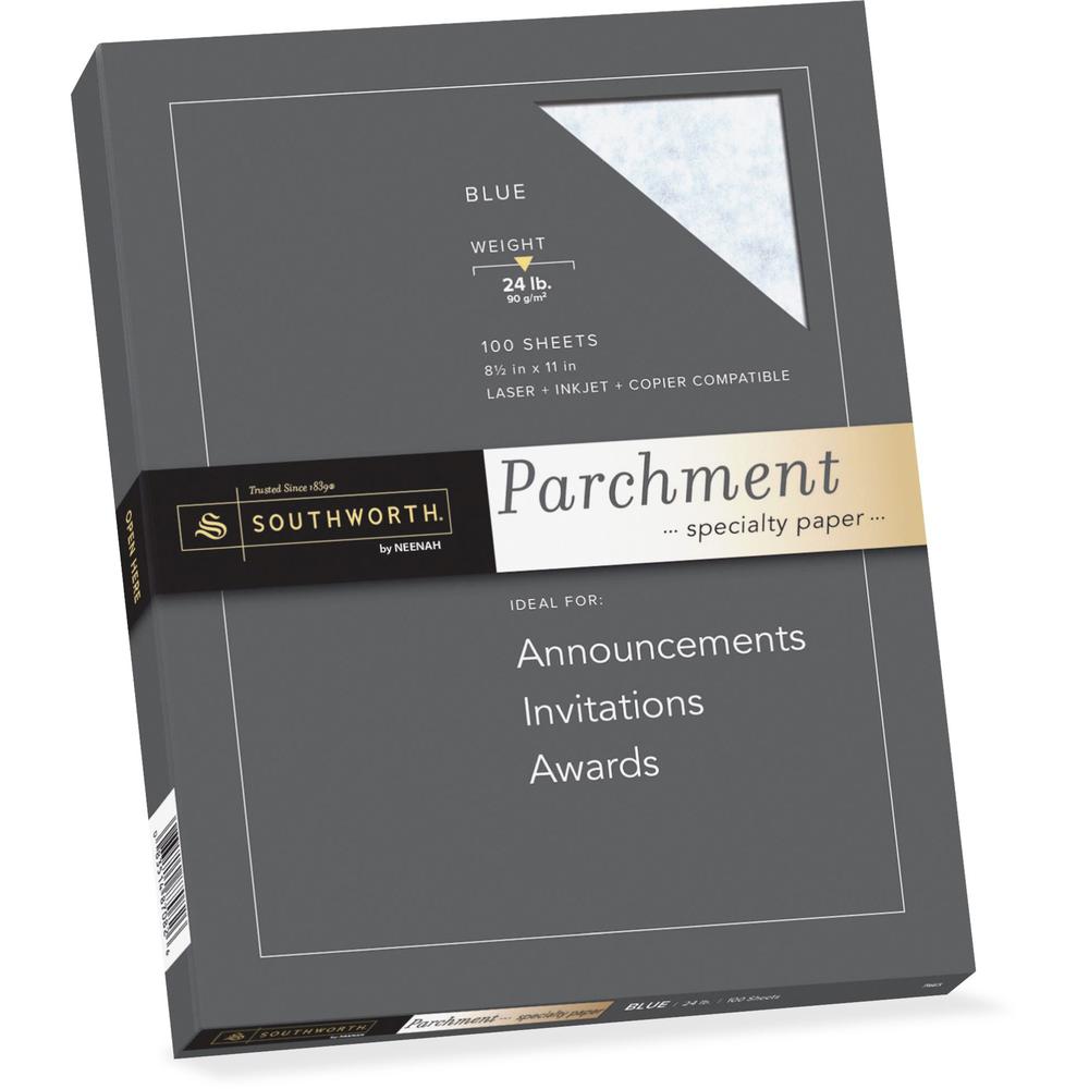 Southworth Parchment Specialty Paper - Blue - Letter - 8 1/2" x 11" - 24 lb Basis Weight - Parchment - 100 / Box - Acid-free, Lignin-free, Non-yellowing - Blue. The main picture.
