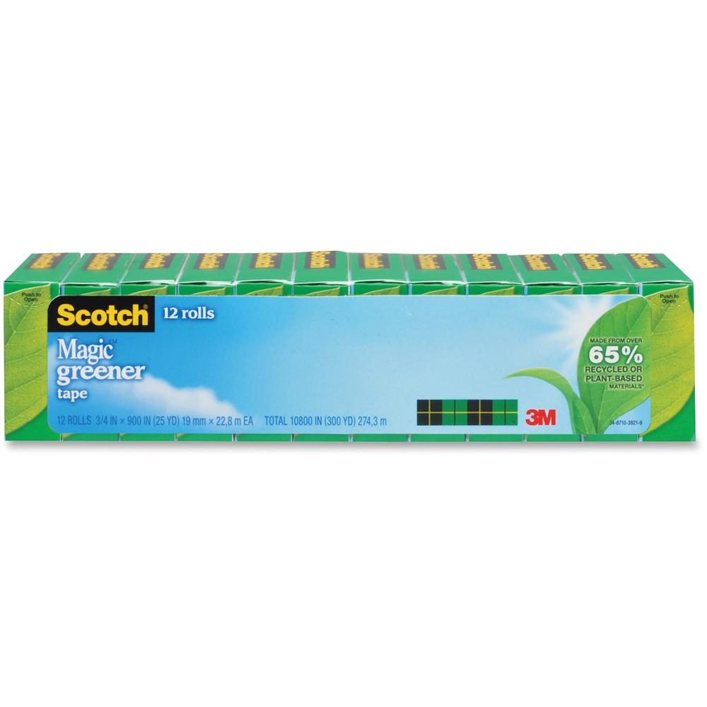 Scotch 3/4"W Magic Greener Tape Rolls - 25 yd Length x 0.75" Width - 1" Core - Split Resistant, Tear Resistant, Yellowing Resistant - For Office - 12 / Pack - Matte - Clear. Picture 1