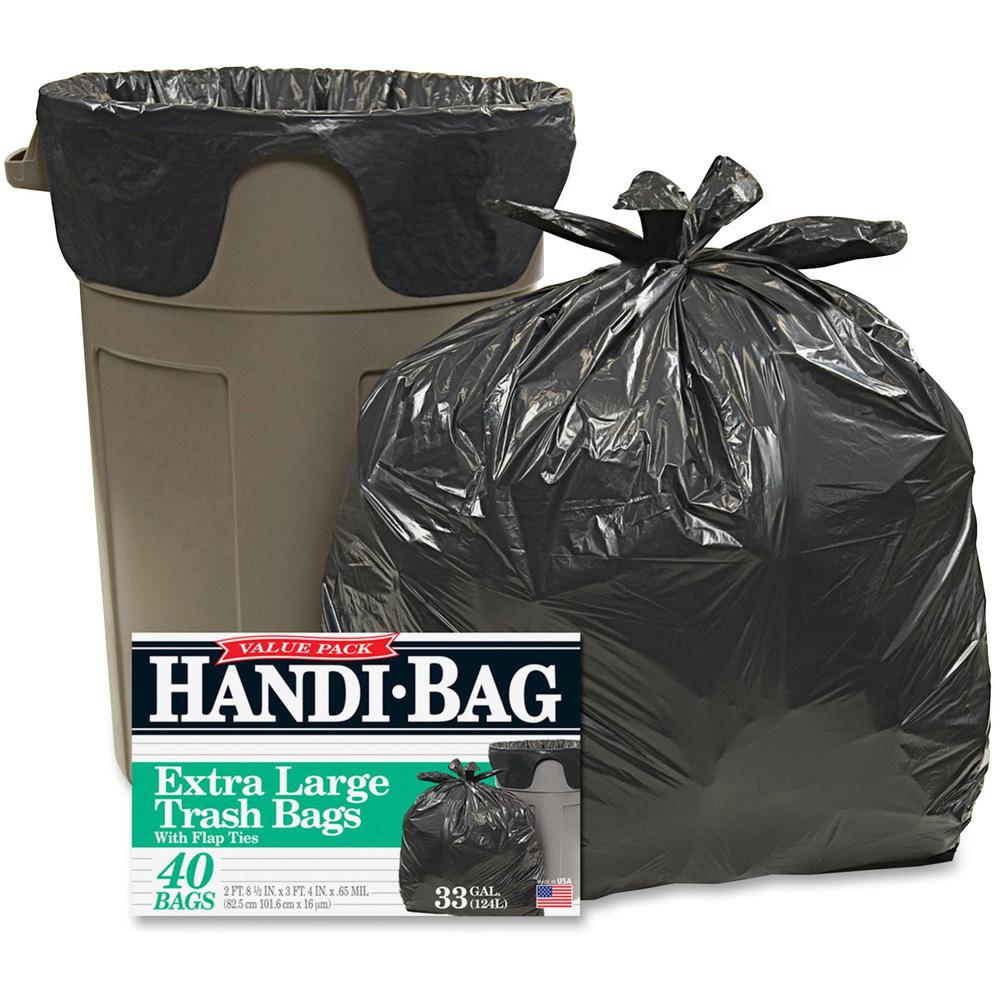 Berry Handi-Bag Wastebasket Bags - Medium Size - 33 gal Capacity - 32" Width x 40" Length - 0.70 mil (18 Micron) Thickness - Black - Hexene Resin - 40/Box - Home, Office. Picture 1