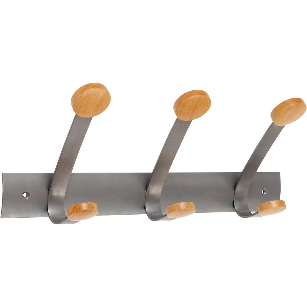 Alba Double Wooden Wall Coat Hook - 3 Hooks - 3 Pegs - for Coat, Clothes - Metal - 1 Each. Picture 1