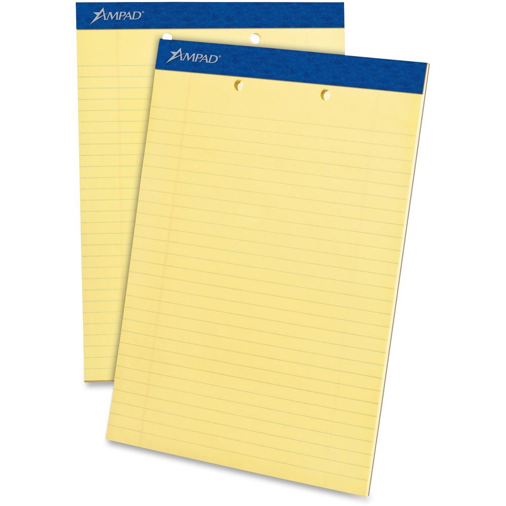 Ampad Writing Pad - 50 Sheets - Stapled - 0.34" Ruled - 15 lb Basis Weight - Letter - 8 1/2" x 11"8.5" x 11.8" - Canary Yellow Paper - Dark Blue Binding - Micro Perforated, Sturdy Back, Chipboard Back. Picture 1