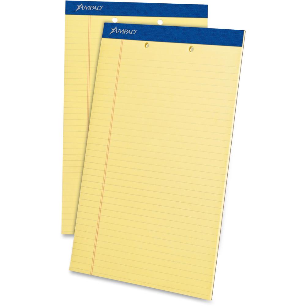Ampad Writing Pad - 50 Sheets - Stapled - 0.34" Ruled - 2 Hole(s) - 15 lb Basis Weight - Legal - 8 1/2" x 14" - Canary Yellow Paper - Dark Blue Binding - Perforated, Sturdy Back, Chipboard Backing, Te. Picture 1